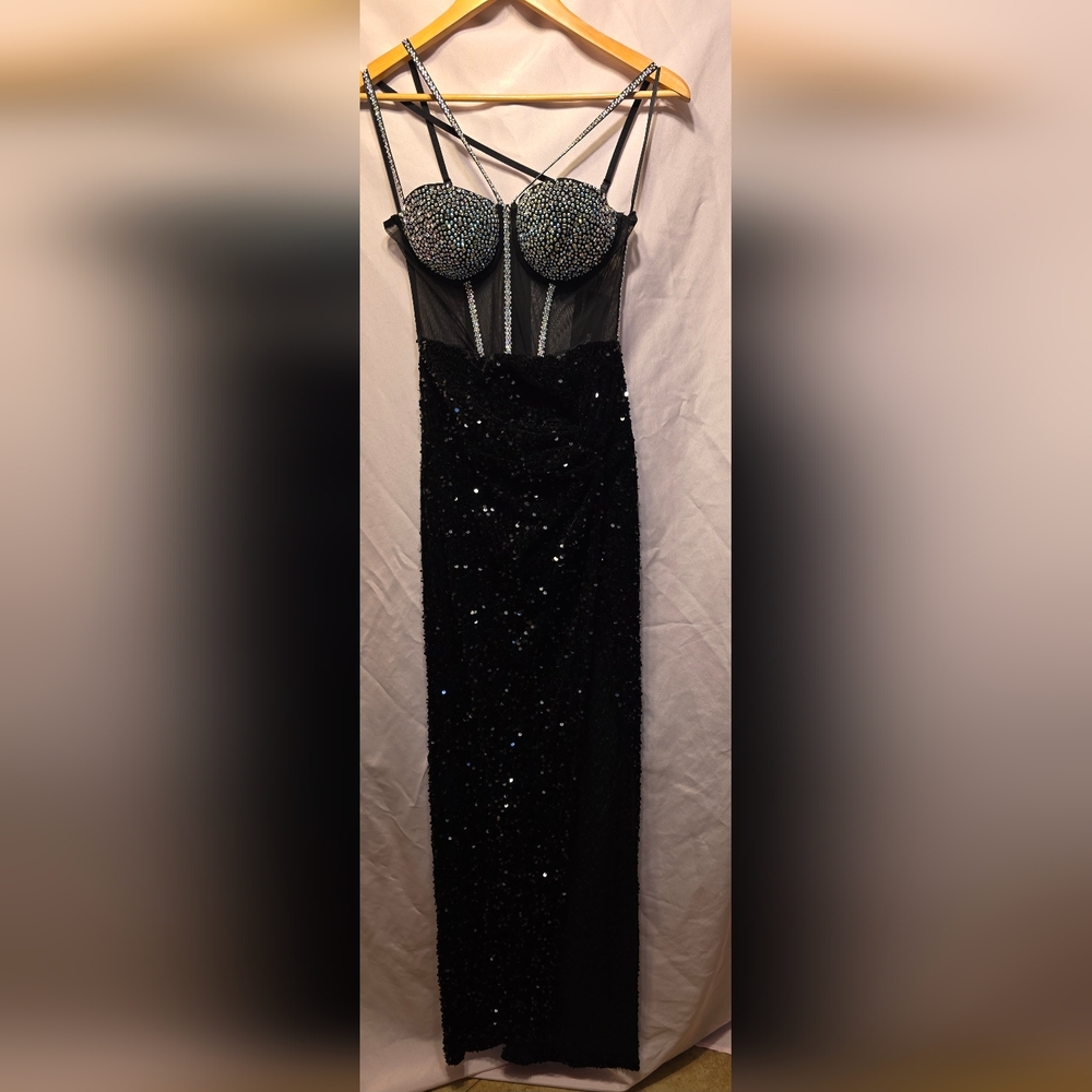Fashion Nova Black Rhinestone & Sequin Dress Womens Size Small (Janette # 13)